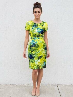 Peter Som Silk Chartreuse Watercolor Print Pleated Pocket Knee Length Dress 0